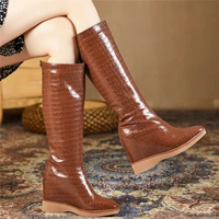 2021 women genuine leather wedges high heel knee high motorcycle boots female winter square toe platform pumps shoe casual shoes