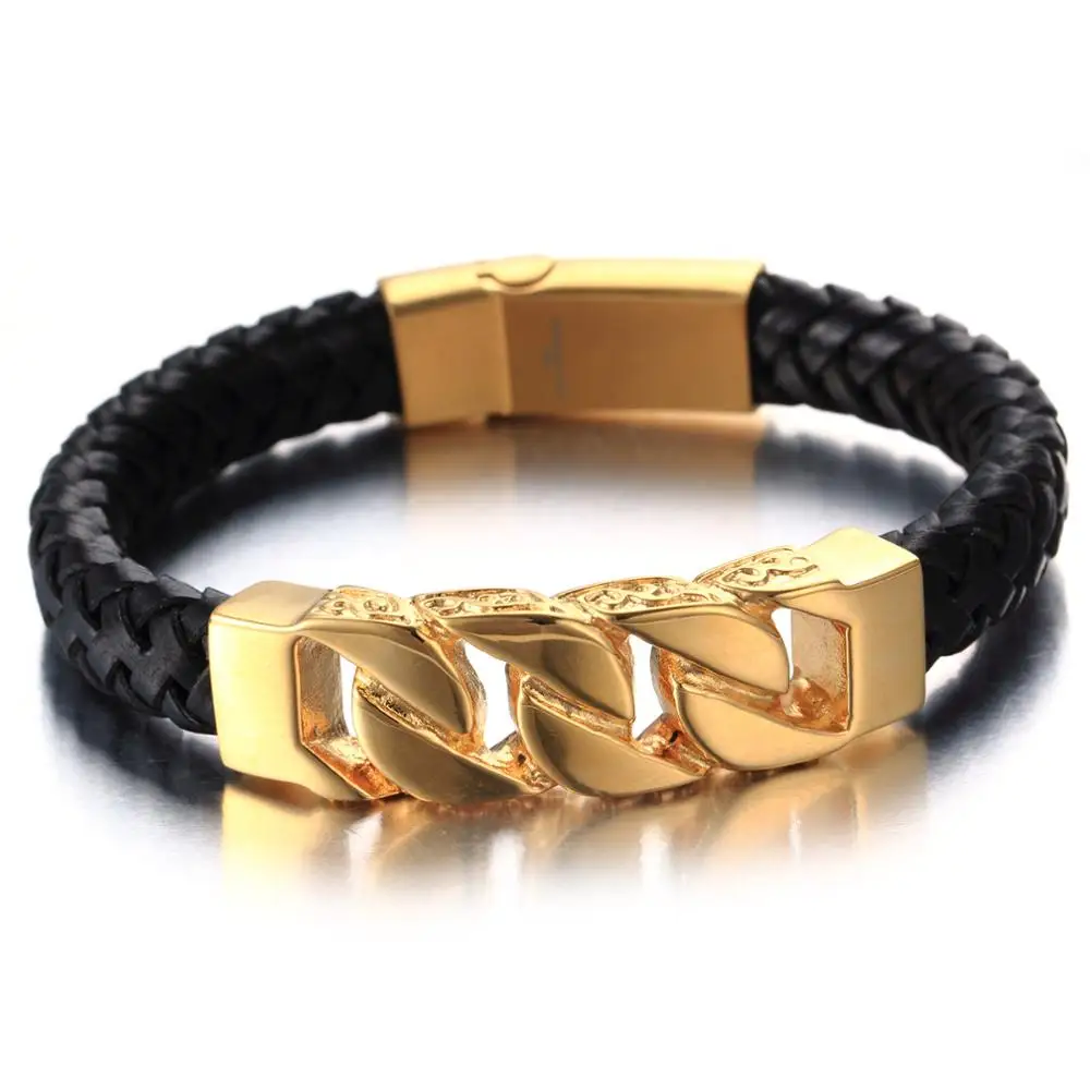 

Black Genuine Leather Bracelet Men Gold Color Stainless Steel Men's Wrap Bracelets & Bangles Cool Jewelry Brazaletes