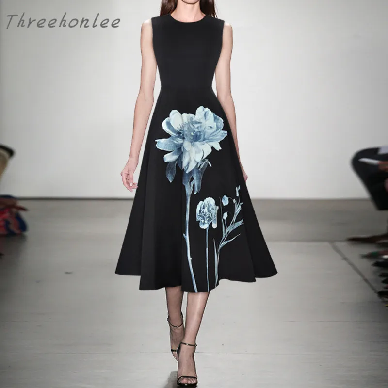 

2021 Summer Designer Runway Vintage Elegamt Black Woman Dress A Line Dresses Midi Length Fashion Vestido Prinncess