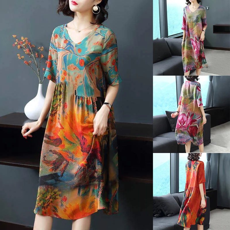 Модное Шелковистое мягкое платье свободное с принтом коротким рукавом женское