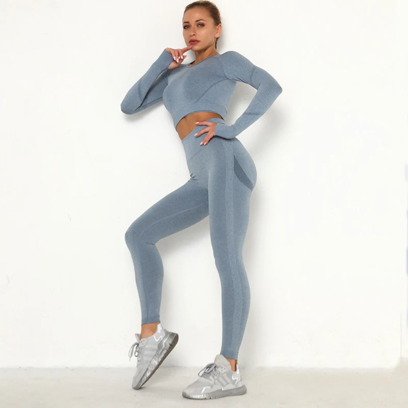 

2 Piece Set Women Seamless Sports Suit Female set Outdoor Fitness High Waist Hip Nylon Was Thin Tight Long-sleeved Yoga Suit
