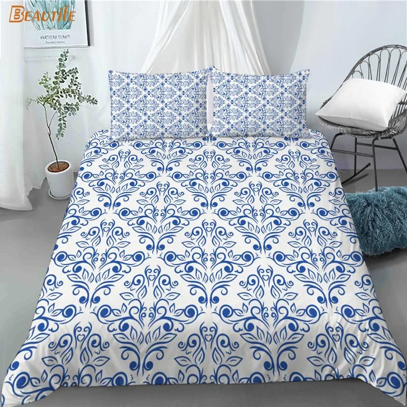 Juego de ropa de cama con estampado Floral y azul sin costuras, edred&oacute;n con funda de almohada para ni&ntilde;os y el hogar, 180x200cm, 1019-5