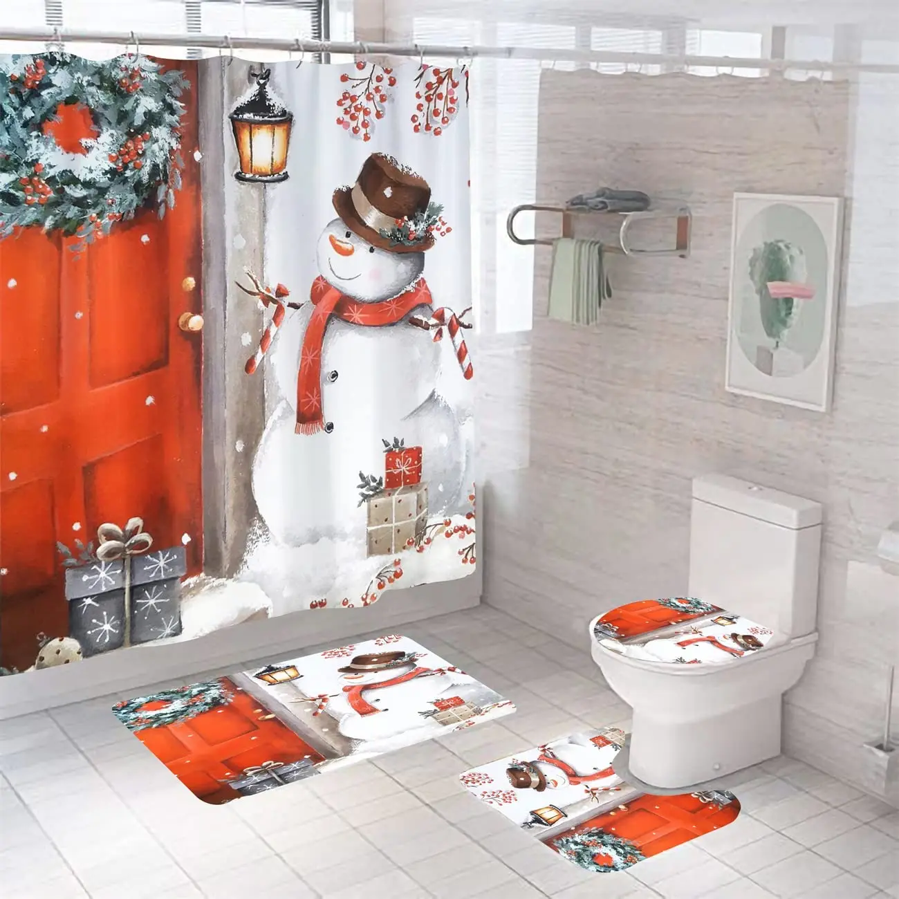 

Набор рождественских занавесок для душа с принтом снеговика, чехол на ковер, чехол для унитаза, коврик для ванной, наволочка, занавеска для ванной, бытовая