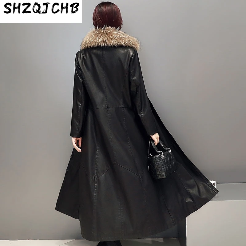 

JCHB 2021 Women Faux Leather Jacket Fur Collar Slim Elegant Ladies Coats Women's Windbreaker Long Trench Coat Abrigos WXF189