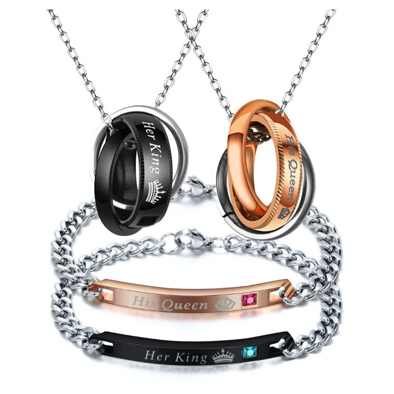 

Romantic His Queen Her King ID Bracelets Necklace Stainless Steel Shiny Crystal Couple Jewelry Set For Lover Promise