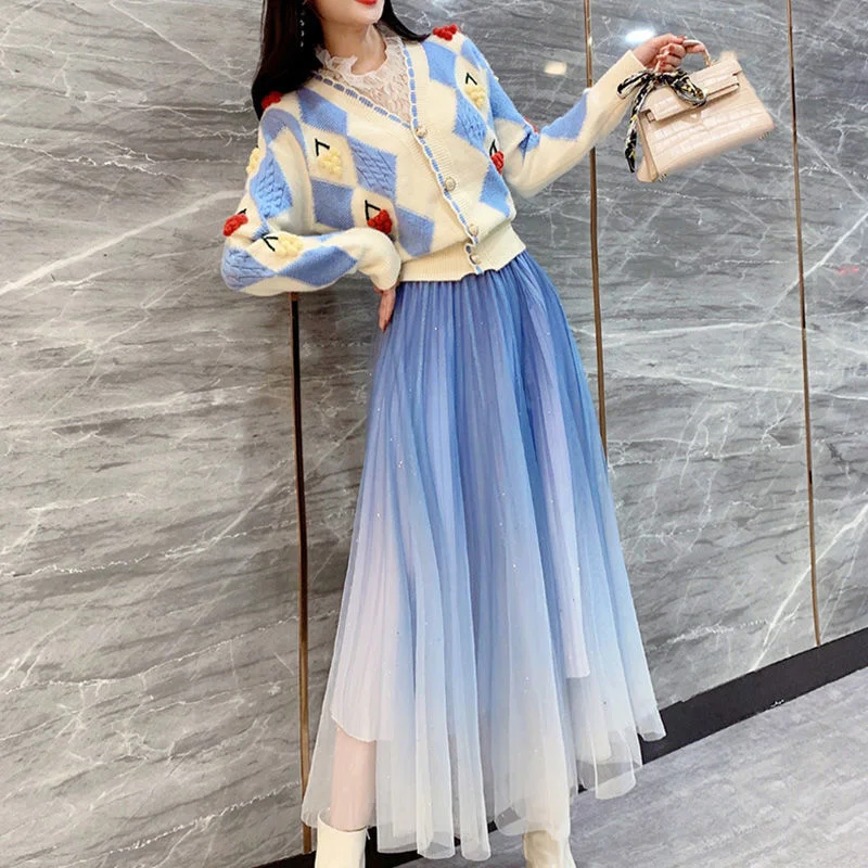 

Женский сексуальный вязаный свитер с v-образным вырезом, однобортный Топ, сетчатые плиссированные юбки, костюмы, Осень-зима, комплект из дву...