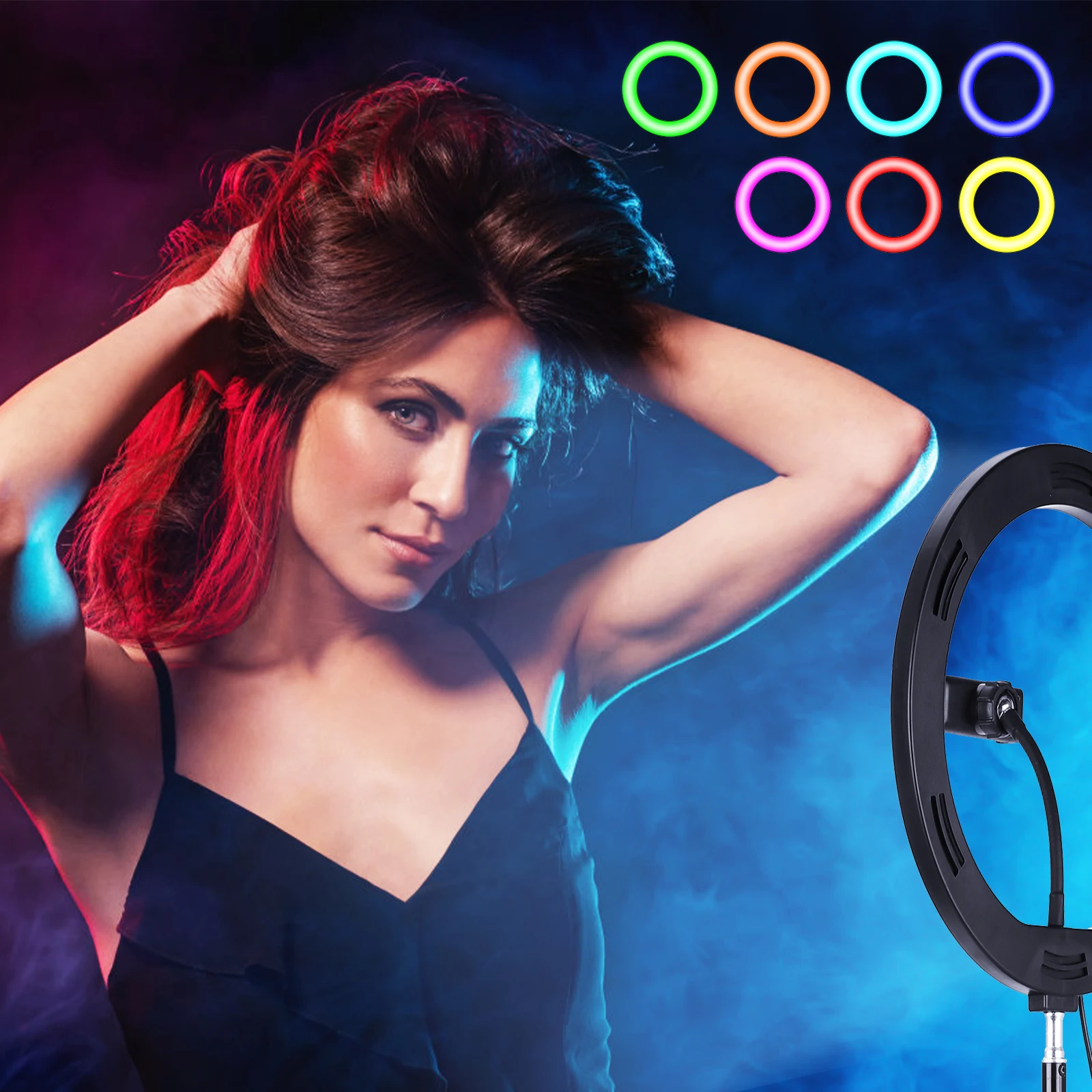 

cz Andoer 10" RGB Ring Light Colorful LED Light Photography Remote Shutter 150cm Light Stand Mini Desktop Tripod for Video Vlog