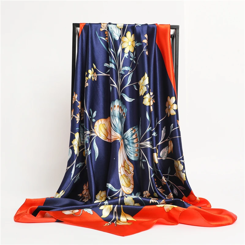 

2021 Satin Silk Squre Scarf Hijab Women Floral Print Headband Bandana Bag Wrap Thin Shawls Fashion Handkerchief Foulard 90*90cm