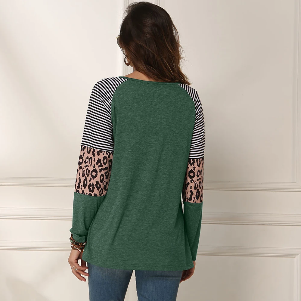 

Sexy Female Pacthwork Blouse Women 2020 Leopard Print Stripe Long Sleeve Women Blouses Leisure O-Neck Autumn Blouse