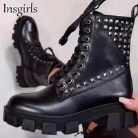 autumn motorcycle boots women 2021 new chunky rivet round toe ladies lace up warm platform shoes 43 big size office ankle boots