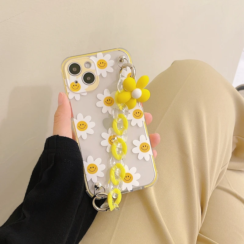 

INS Cute Daisy Flower Wrist Chain Phone Case For iPhone 13 11 12 Pro Max XR XS Max X 7 8 Plus TPU Clear Shockproof Soft Cover