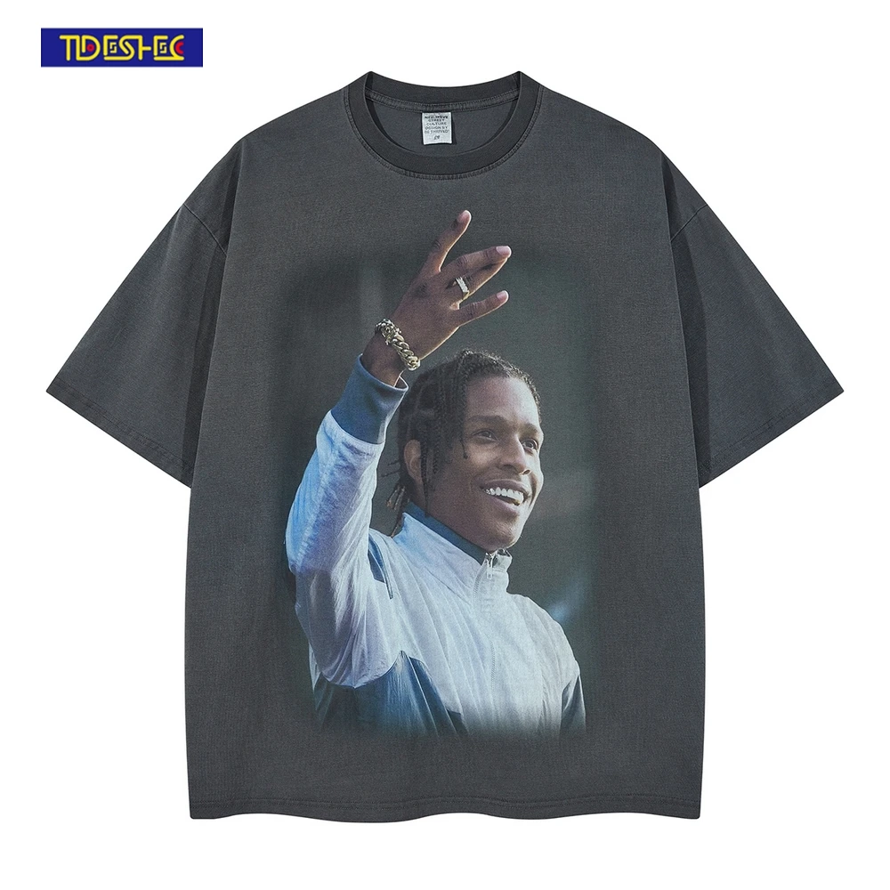 

TIDESHEC 2022 Spring Summer Street Men T-shirt Vintage Washed Rapper Asap Rocky Print T-shirt Cotton Oversized Graphics Top Tee