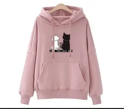 Pink Женские толстовки с капюшоном, пуловеры, Осень-зима, однотонные, стиль Харадзюку, повседневные свободные толстовки с мультяшным принтом 2Cat, розовая толстовка с капюшоном, модные топы - Цвет: Pink