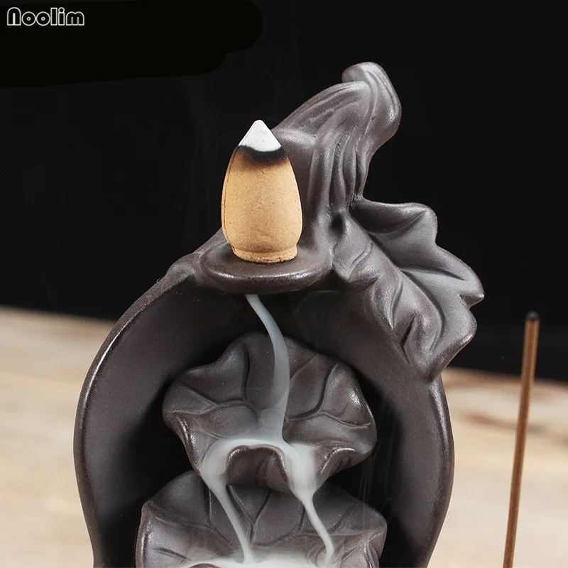 

Purple Clay Gourd and Lotus Waterfall Incense Burner +20Pcs Cones Stick Holder Censer Aroma Smoke Backflow Home Teahouse Decor