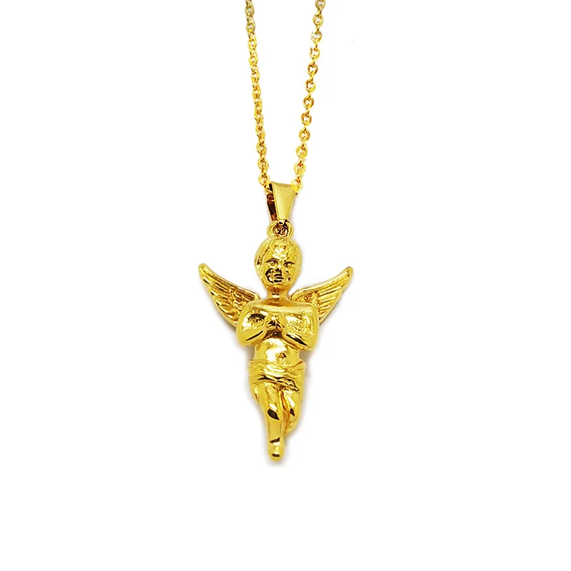 

Hip Hop Vintage Stainless Steel Little Angel Cupid Wings Necklace Guardian Angel Caller Necklace with Clavicle Chain Jewelry