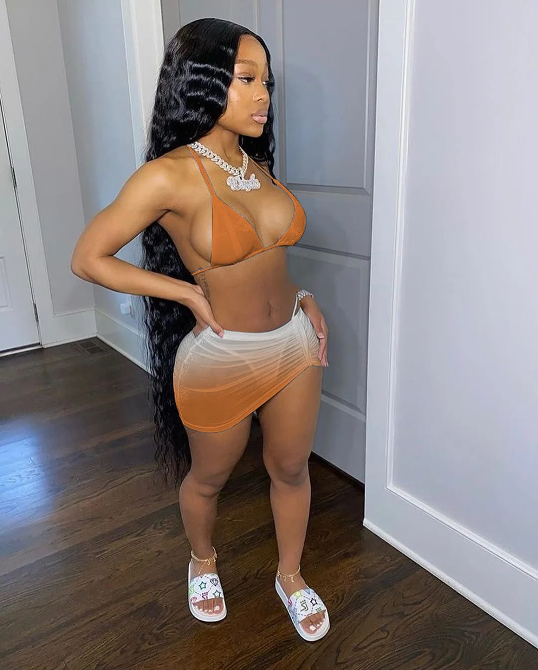 

Summer Beach wear Gradient Print 3 Piece Set Women Sexy V Neck Backless Crop Top + See Through Mini Skirts Swim Suit Outfits Set