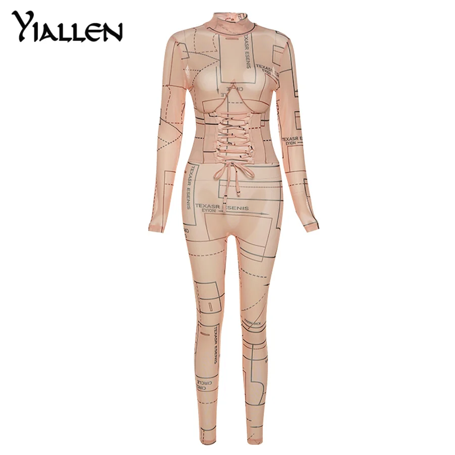 

Yiallen Mesh Sexy Women Skinny Jumpsuits Turtleneck Zipper Fitness Bandage Corset Clubwear See Through Stretchy Prom Outfits2021