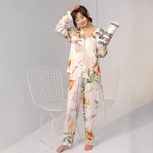 Женская одежда для сна с V-образным вырезом, кардиган, рубашки с поясом, пижама с длинным рукавом и цветочным принтом, женские брюки, пижама для женщин, домашняя одежда