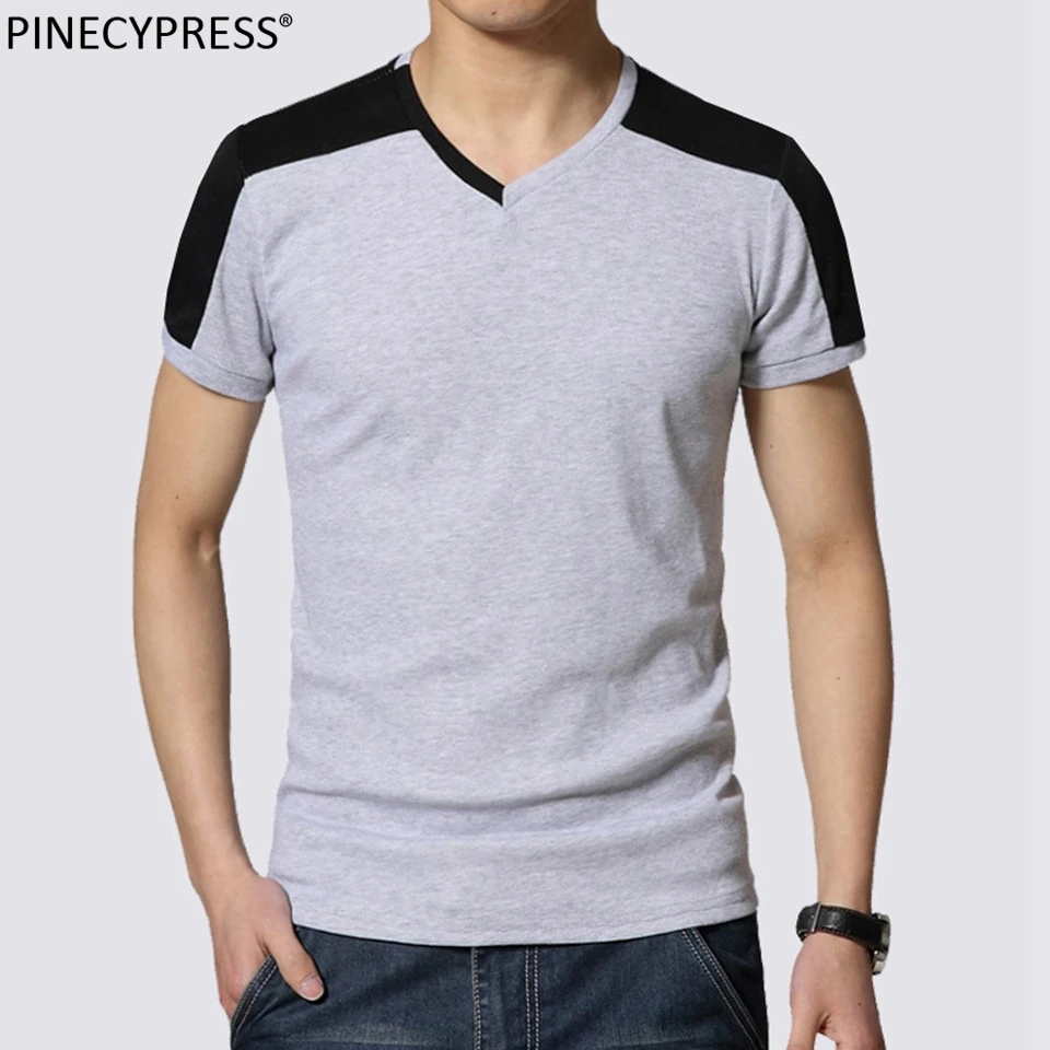 Футболка мужская с V образным вырезом модная тенниска из хлопка в стиле пэчворк