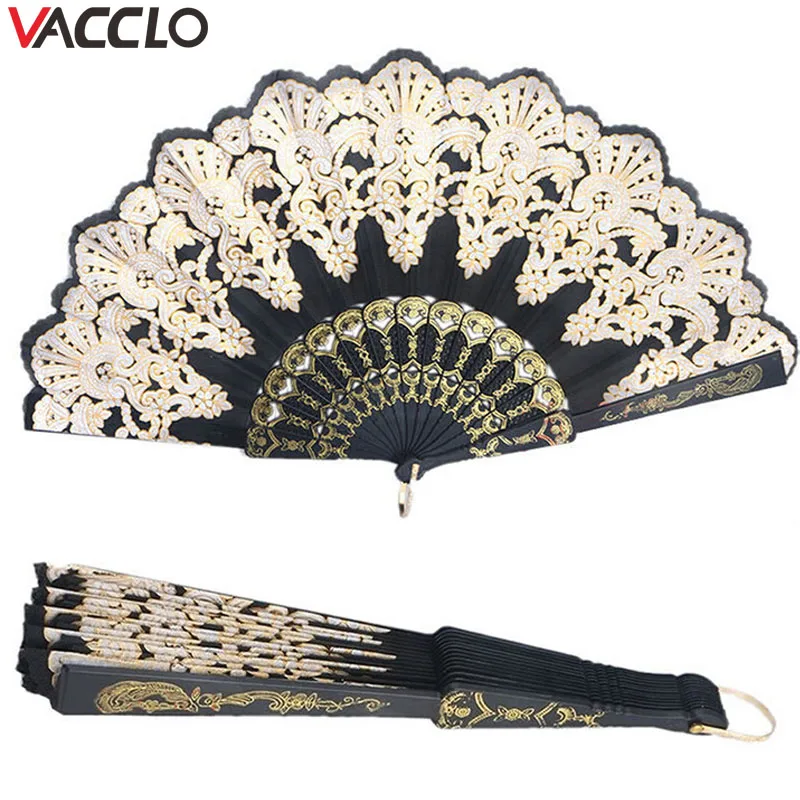 

Vacclo Folding Hand Held Fan Flower Lace Black Wedding Dance Party Silk Fans Luxury Fashion Hot Stamping Fan Spanish Style
