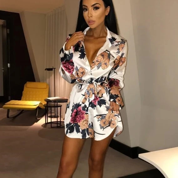 

Summer Sexy Women Silk Satin Shirt Dress Ladies Print Floral Long Sleeve Loose Short Mini Dresses Beach Party Dress