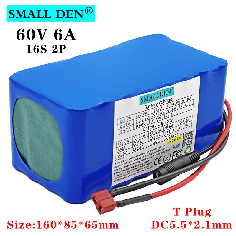 

60V 6Ah 18650 Li-ion battery pack 16S2P 6000mAh 1000W 1200W High Power 67.2V Electric bicycle Scooter ebike battery with 20A BMS