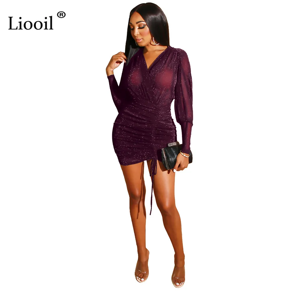 Dark Purple Liooil, яркое Сетчатое сексуальное мини-платье с рюшами,, облегающие платья с длинным рукавом и v-образным вырезом на завязках, женские Вечерние наряды для ночного клуба - Цвет: Dark Purple