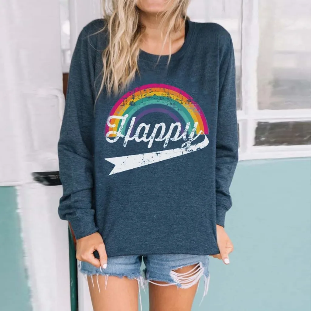 Весенний свитер с круглым вырезом осенняя Женская толстовка радужным принтом