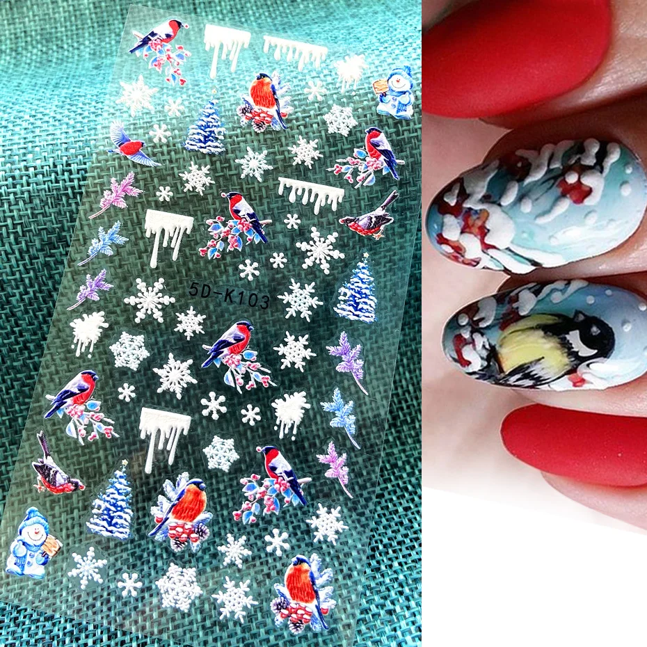 

5D Winter Snow Bird Nail Stickers Decals Embossed Christmas Flowers Santa Nail Art Decorations Sliders for Manicure Dropshipping