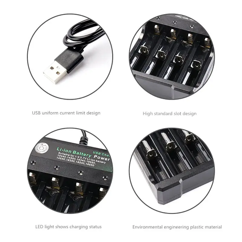 3 7 V 18650 4 слота Зарядное устройство Портативный 18350 16340 14500 USB Интерфейс