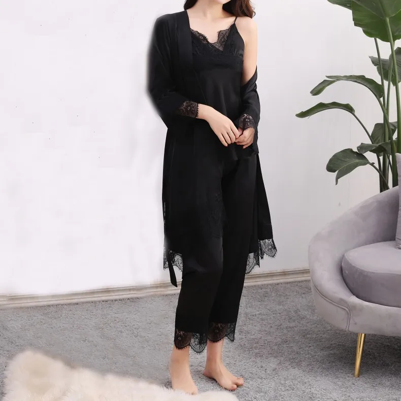 

Women Pink 3PCS Sleepwear Satin Silky Pajamas Set Lace Trim Sleep Set Casual Kimono Gown Female V-neck Pyjamas Suit Homewear