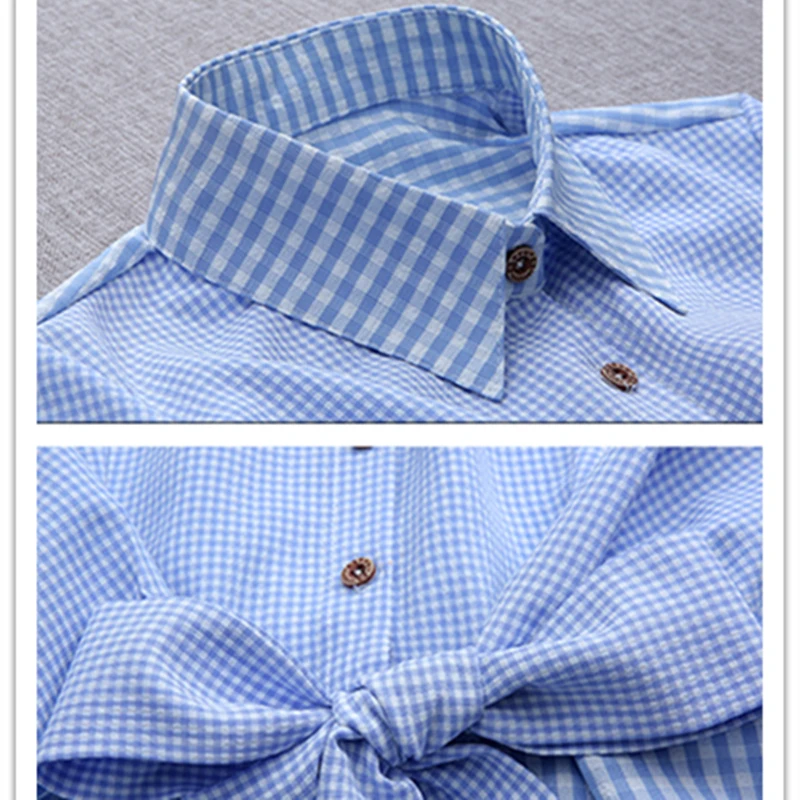 

New 2021 Spring Autumn Woman Fashion Plaid Long Sleeve Blouses Women Bow Striped Blue Shirt Loose Casual Ladies Tops