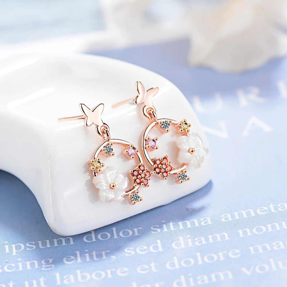 

100% 925 Sterling Silver Trendy Butterfly Flower Lady Stud Earrings Original Jewelry For Women Wedding Gift