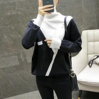womens sweater spring autumn winter high neck bottoming shirt fake two piece casual lazy knitted pullover korean color matching