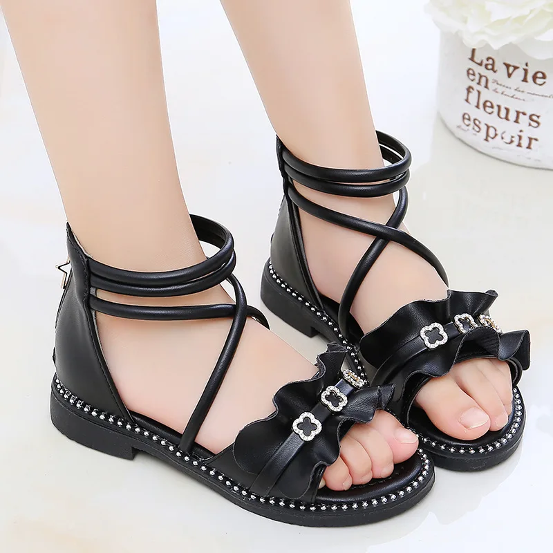 

Детские пляжные сандалии в римском стиле, летняя обувь для принцессы 33, модные розовые гладиаторские сандалии с оборками для девочек 2021, 3, 5, ...