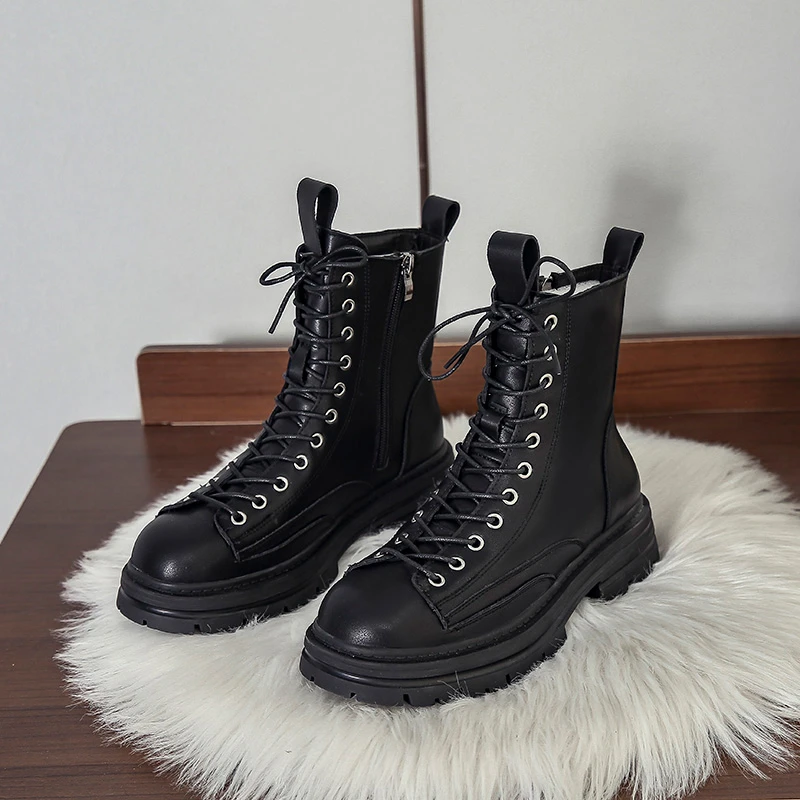 

2021 Ladies Boots New Female Round Toe Flats With Shoes Fashion Lace Up Shoes Women Ankle Short Motorcycle Boots