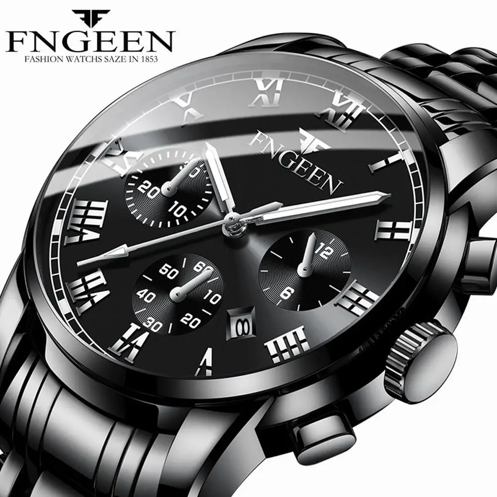 

Fngeen Reloj Hombre 2020 Роскошные брендовые новые черные стальные водонепроницаемые наручные часы для мужчин часы Известный Бизнес Кварцевые часы м...