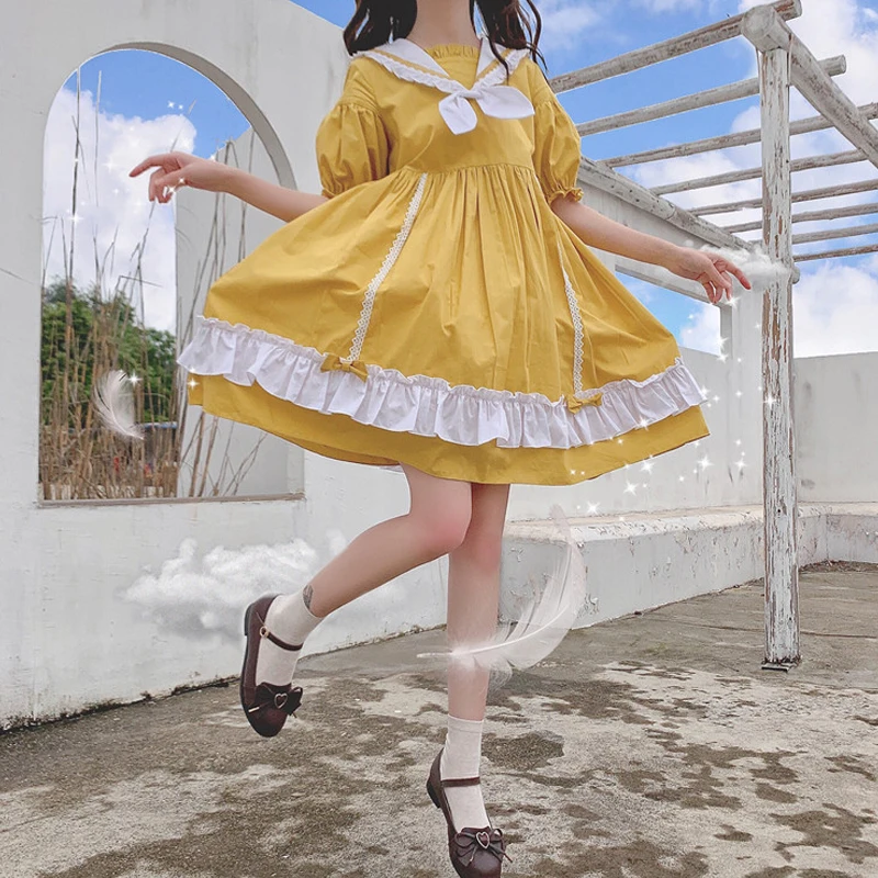 

2020 Sweet Girls College Lolita Style Summer Dress Cute Sailor Preppy Short Sleeve Woman Collar Lace Bow Vintage Yellow Dresses