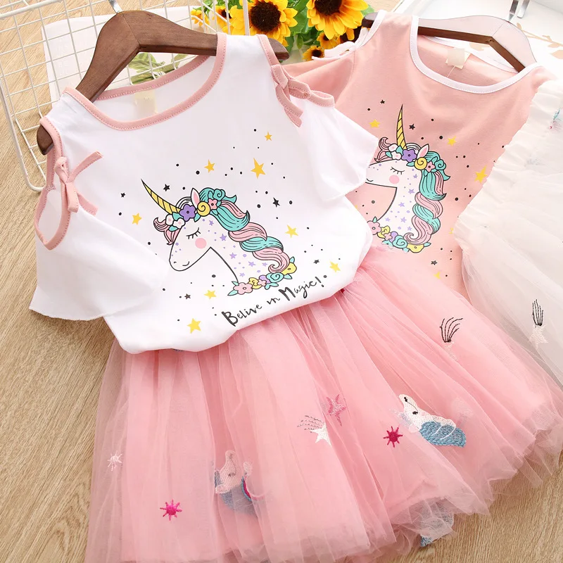 

Girls summer dress new pony short-sleeved suit little girl cartoon short-sleeved T-shirt + fluffy tulle skirt two-piece suit