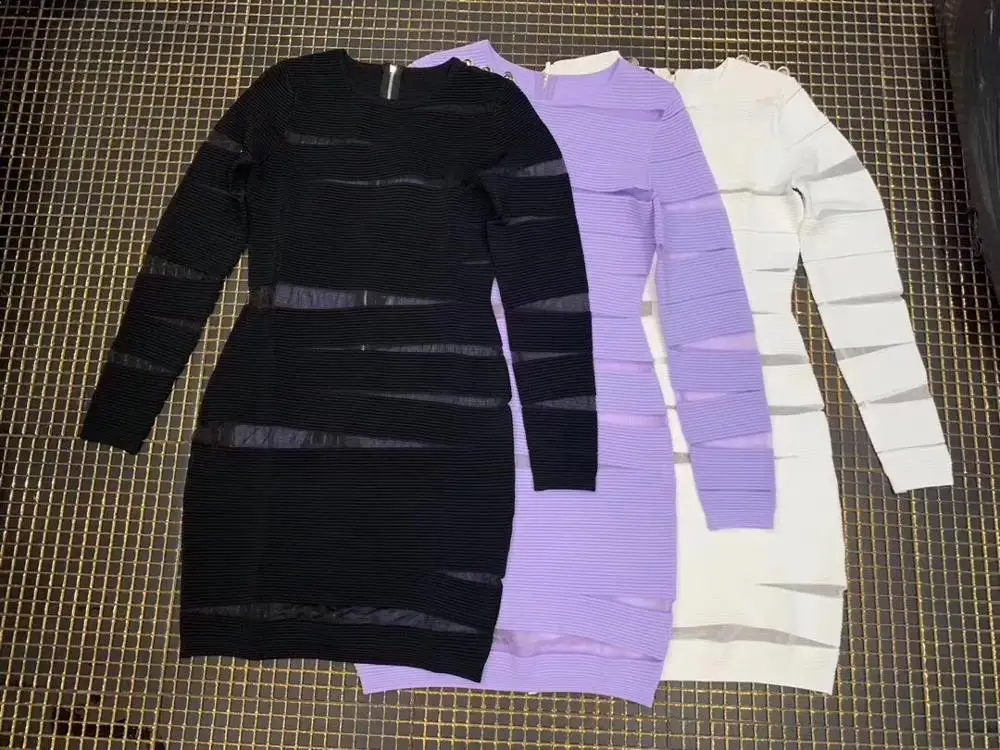 

Sale 3 Colors Women Sexy Mesh Long Full Sleeve Thick Rayon Bandage Dress 2020 Ladies Designer Chic Party Dress Vestido