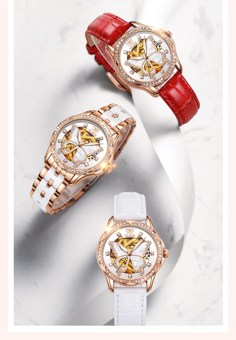 Presentes do Dia dos Namorados Automático para Mulher Mecânica de Aço Relógio das Senhoras Olevs Relógio Borboleta Dial Luxo Inoxidável Cerâmica 6622 9 High Quality Relógios