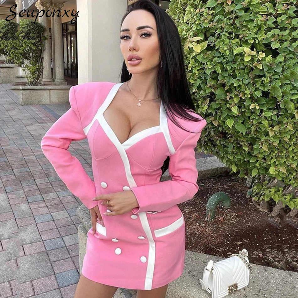 High Quality Women's Sexy Pink Bodycon Dress 2021 Spring Sexy V-neck Long Sleeve Double Breasted Celebrity Party Dress Vestidos