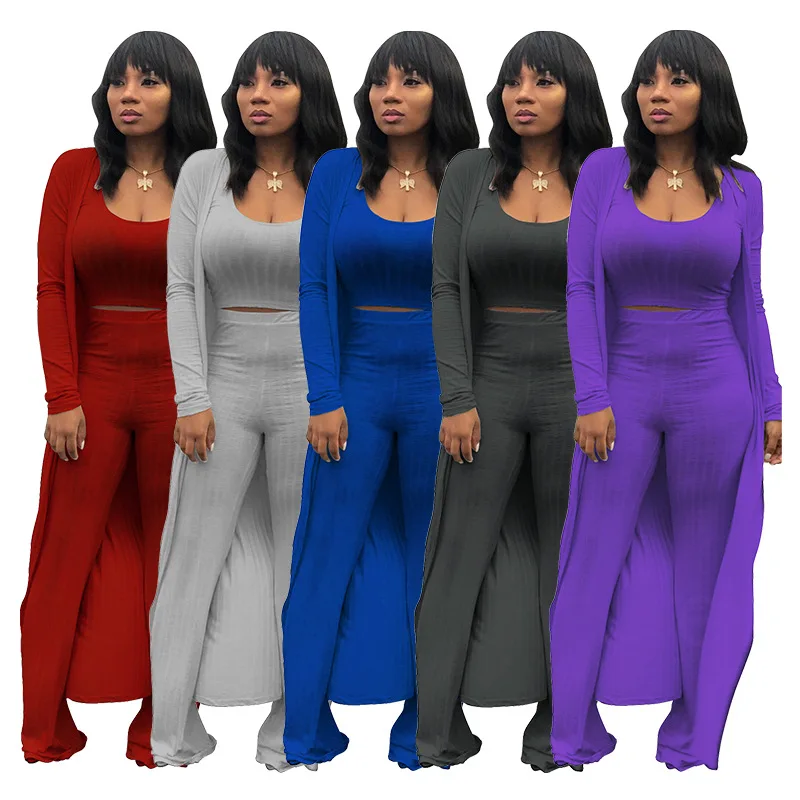 

ZOOEFFBBFashion Fall Three Piece Set Crop Top+Cardigan Long Coat+flare Pants Outfits Matching Sets for Women Clothes Lounge Wear