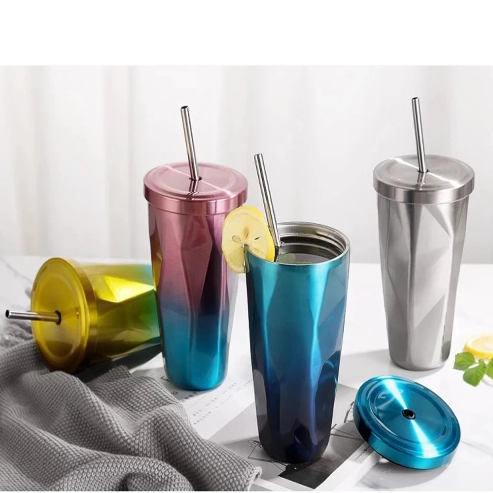 

500ml Stainless Steel Tumbler with Straw Hot and Cold Double Wall Drinking Cups Coffee Mugs Irregular Diamond with Lid