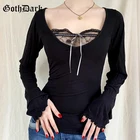 Женские повседневные Осенние футболки Goth Dark, черные кружевные лоскутные Топы в стиле панк с длинными рукавами и бантом спереди, облегающая Одежда для девочек