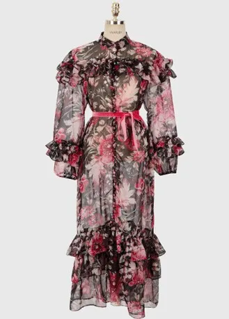 

Spring Elegant Stand Collar Ruffle Boho Women Dress Vintage Fashion Designer Flowers Print Chiffon Midi Dress Vestidos femme