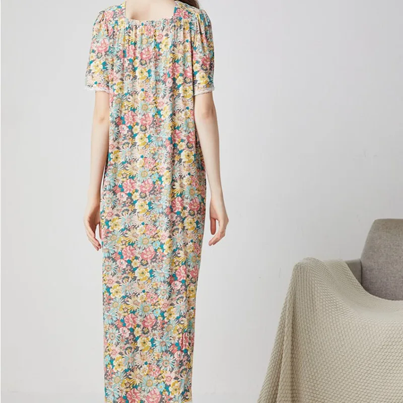 New Nightdress For Women Cotton Silk Short Sleeves Long Dress Square Neck White Lace Ladies Evening Dress