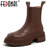 fedonas 2021 women ankle boots splicing genuine leather round toe platforms casual working autumn winter shoes woman classic