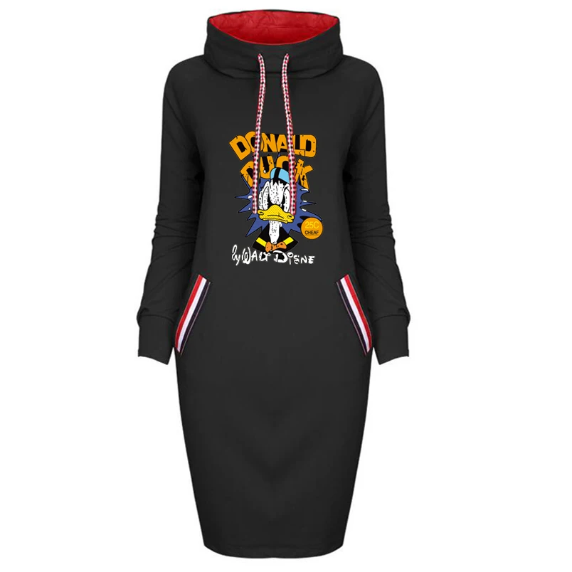 

Women Dress Mickey Minnie Donald Duck Cartoons Print Fake Pocket Long Sleeve Thin Bodycon Dresses Vintage Woman Party Vestidos