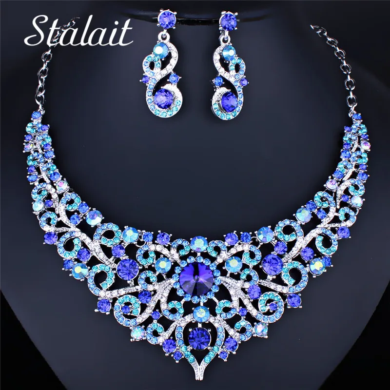 Комплект украшений для невесты голубые Полые Цветы ожерелье серьги аксессуары |